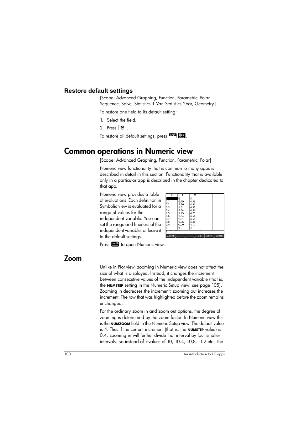 Common operations in numeric view, Zoom, Restore default settings | HP Prime Graphing Calculator User Manual | Page 104 / 616