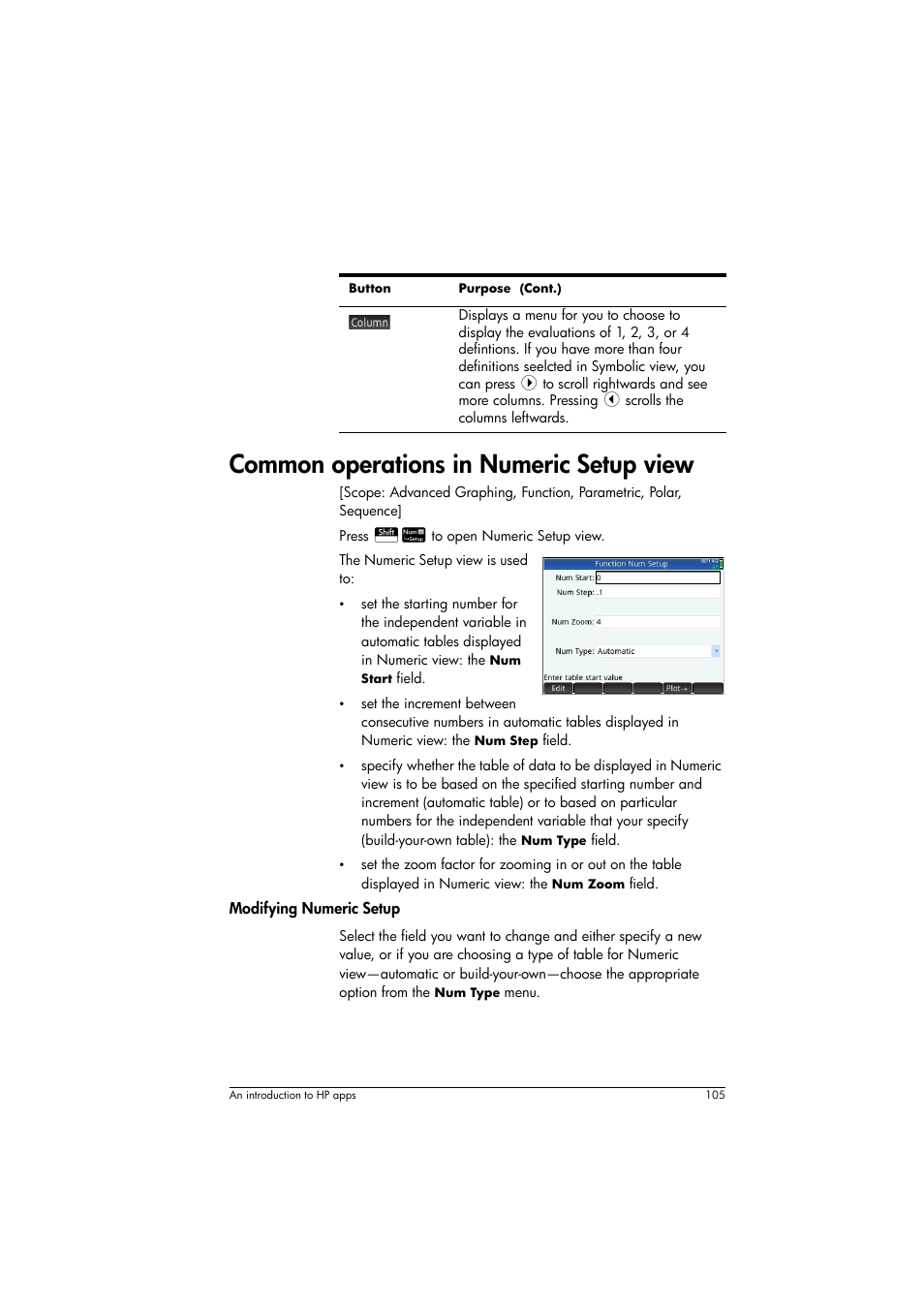Common operations in numeric setup view | HP Prime Graphing Calculator User Manual | Page 109 / 616