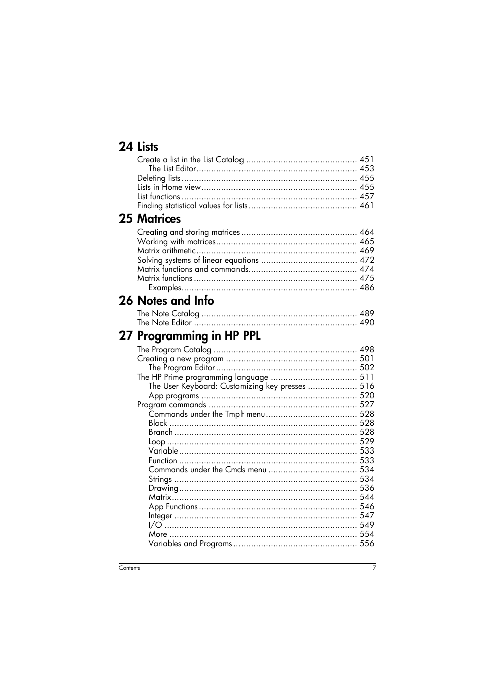 24 lists, 25 matrices, 27 programming in hp ppl | HP Prime Graphing Calculator User Manual | Page 11 / 616