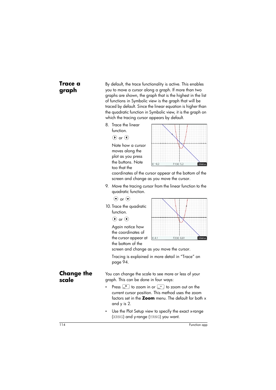 Trace a graph, Change the scale | HP Prime Graphing Calculator User Manual | Page 118 / 616