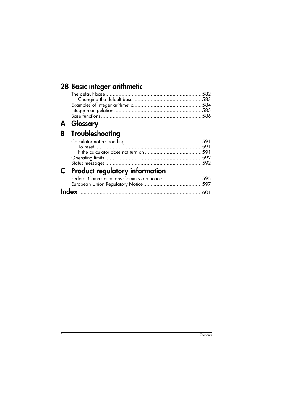 28 basic integer arithmetic, A glossary b troubleshooting, C product regulatory information | Index | HP Prime Graphing Calculator User Manual | Page 12 / 616