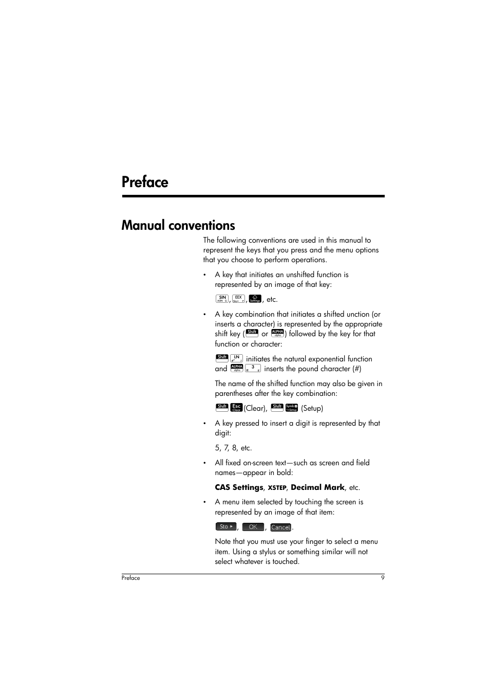 Preface, Manual conventions | HP Prime Graphing Calculator User Manual | Page 13 / 616