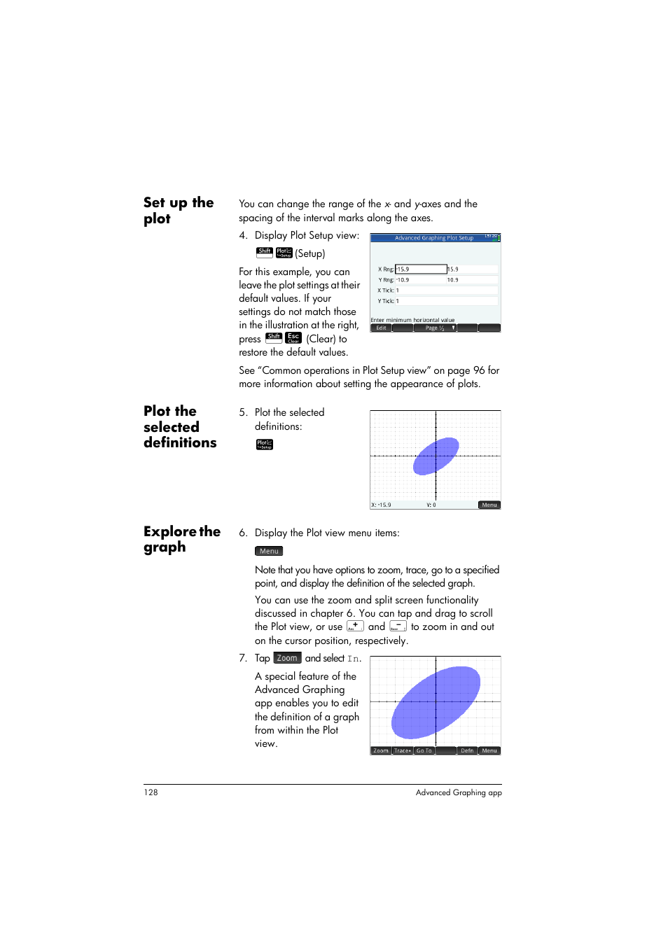 Set up the plot, Plot the selected definitions, Explore the graph | HP Prime Graphing Calculator User Manual | Page 132 / 616