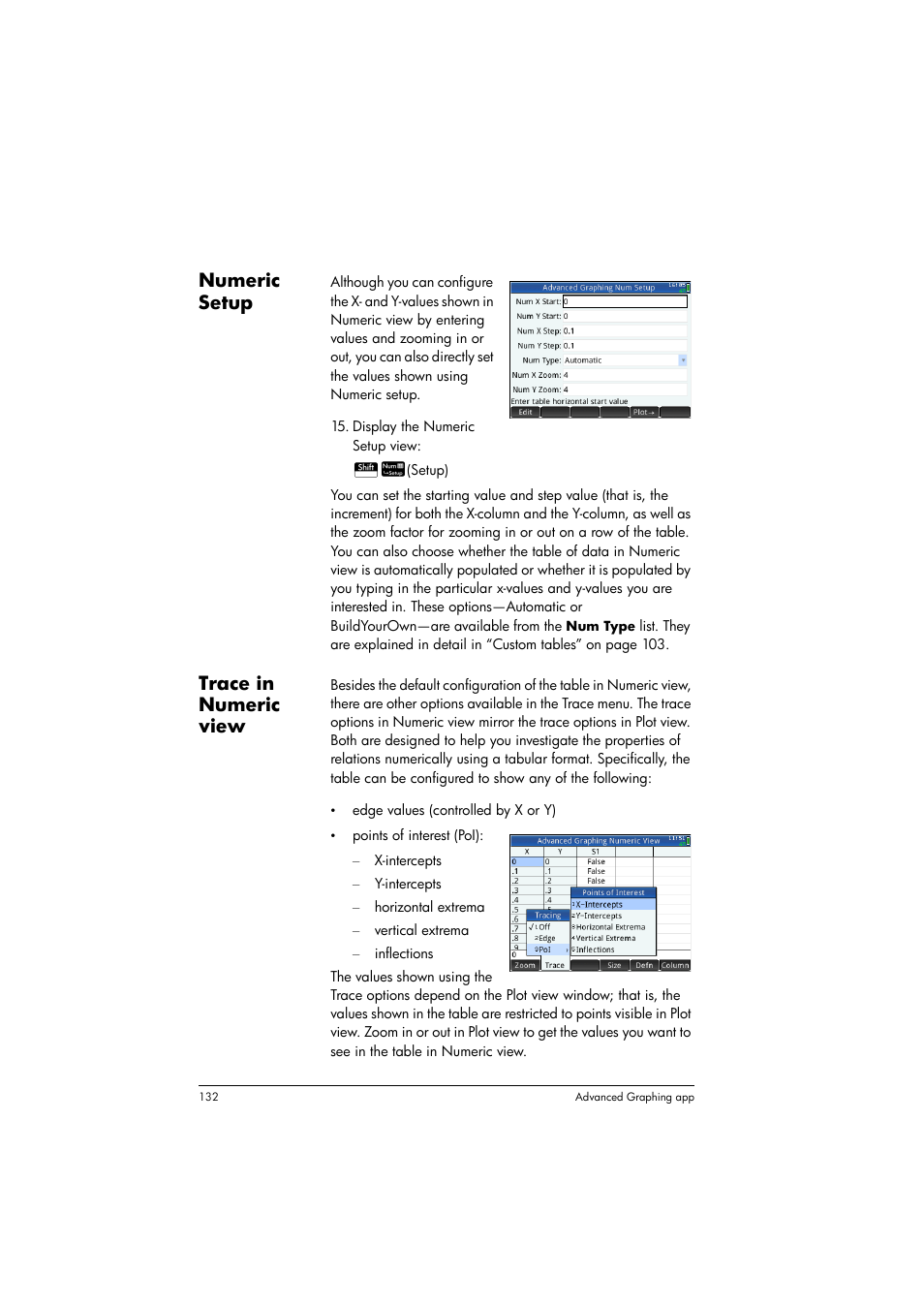 Numeric setup, Trace in numeric view | HP Prime Graphing Calculator User Manual | Page 136 / 616
