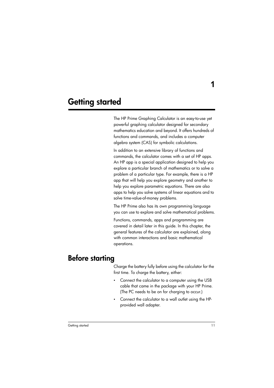 Getting started, Before starting, 1getting started | HP Prime Graphing Calculator User Manual | Page 15 / 616