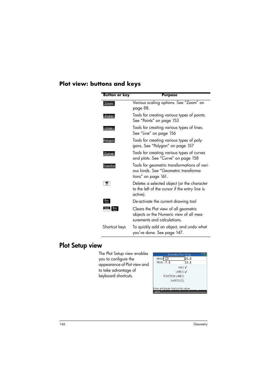Plot setup view, Plot view: buttons and keys | HP Prime Graphing Calculator User Manual | Page 150 / 616