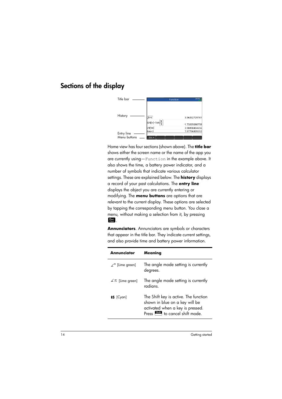 Sections of the display | HP Prime Graphing Calculator User Manual | Page 18 / 616