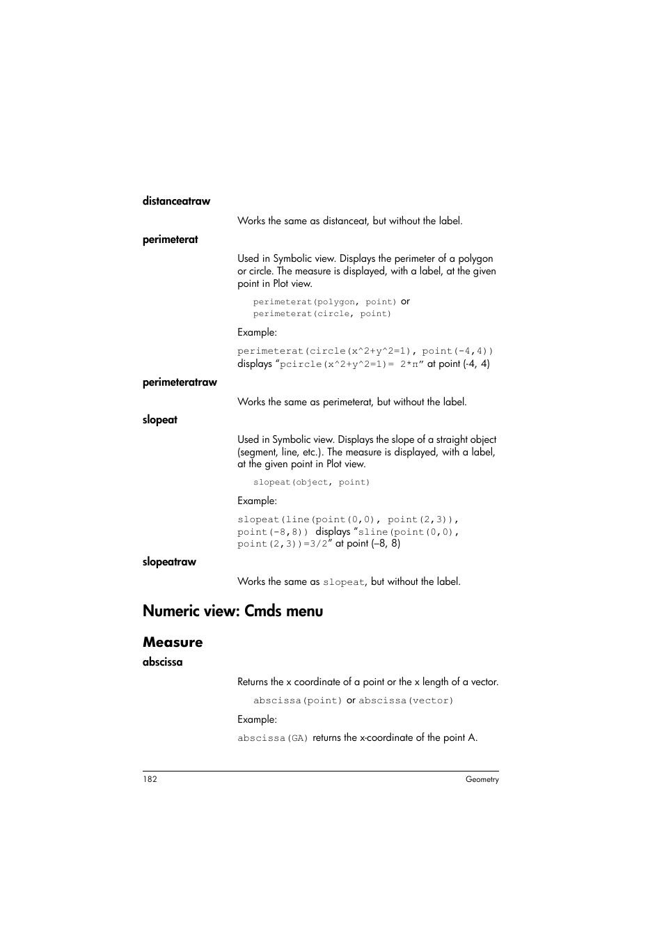Numeric view: cmds menu, Measure | HP Prime Graphing Calculator User Manual | Page 186 / 616