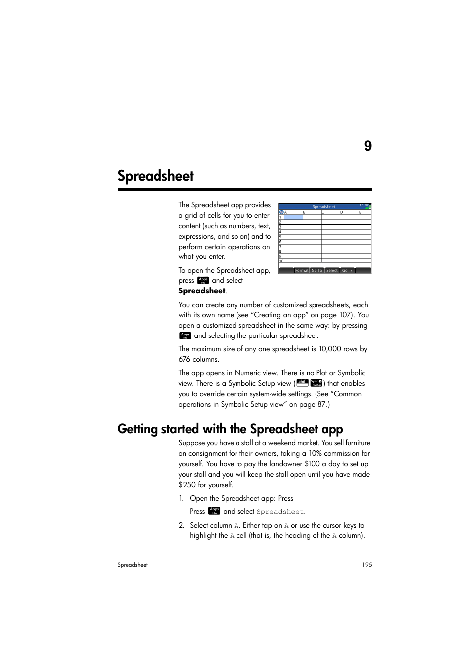 Spreadsheet, Getting started with the spreadsheet app, 9spreadsheet | HP Prime Graphing Calculator User Manual | Page 199 / 616
