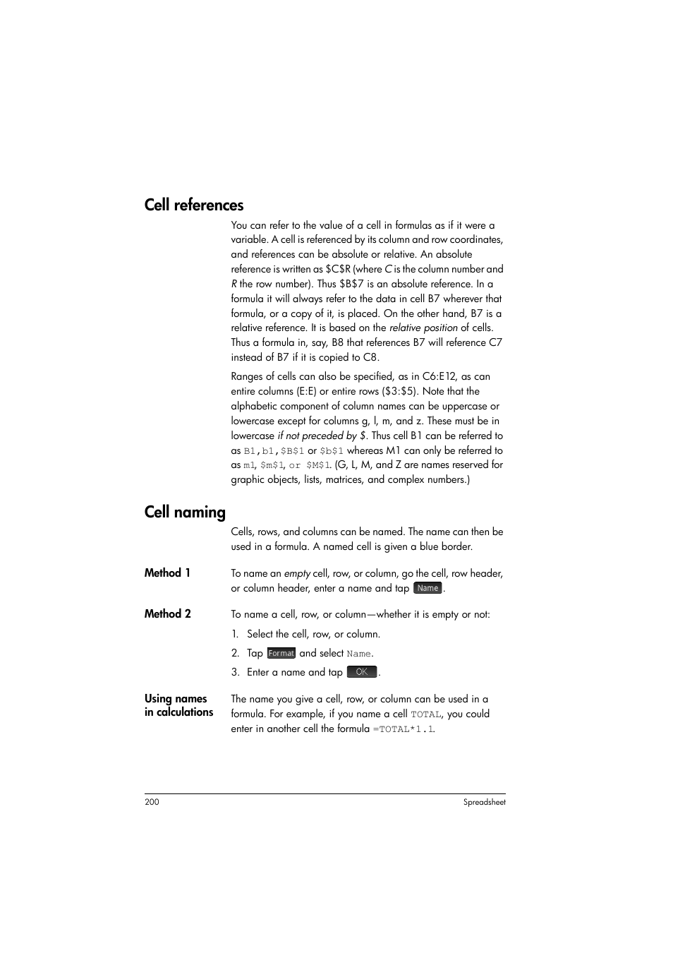 Cell references, Cell naming | HP Prime Graphing Calculator User Manual | Page 204 / 616