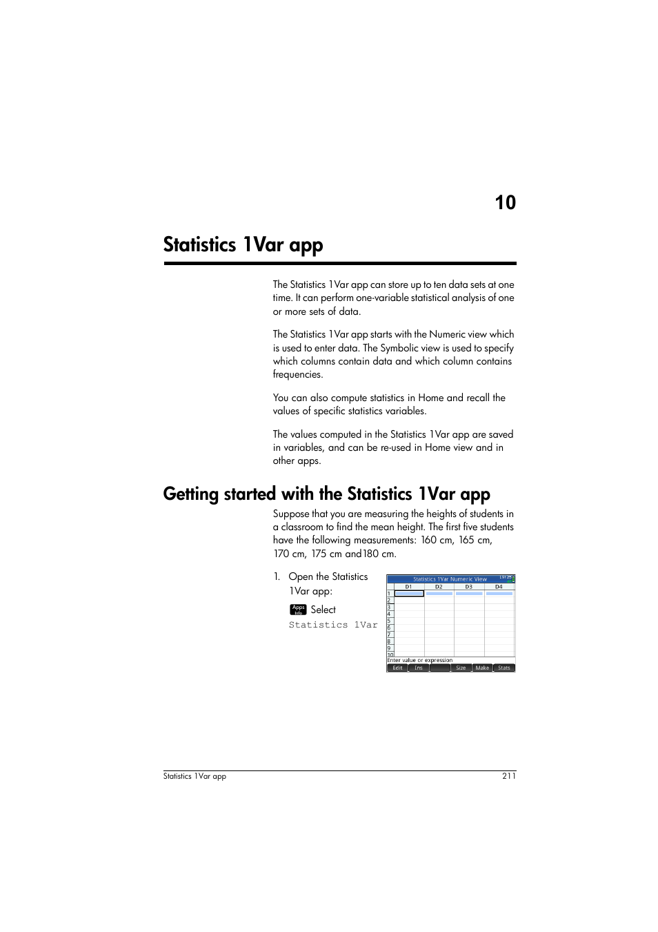 Statistics 1var app, Getting started with the statistics 1var app, 10 statistics 1var app | HP Prime Graphing Calculator User Manual | Page 215 / 616