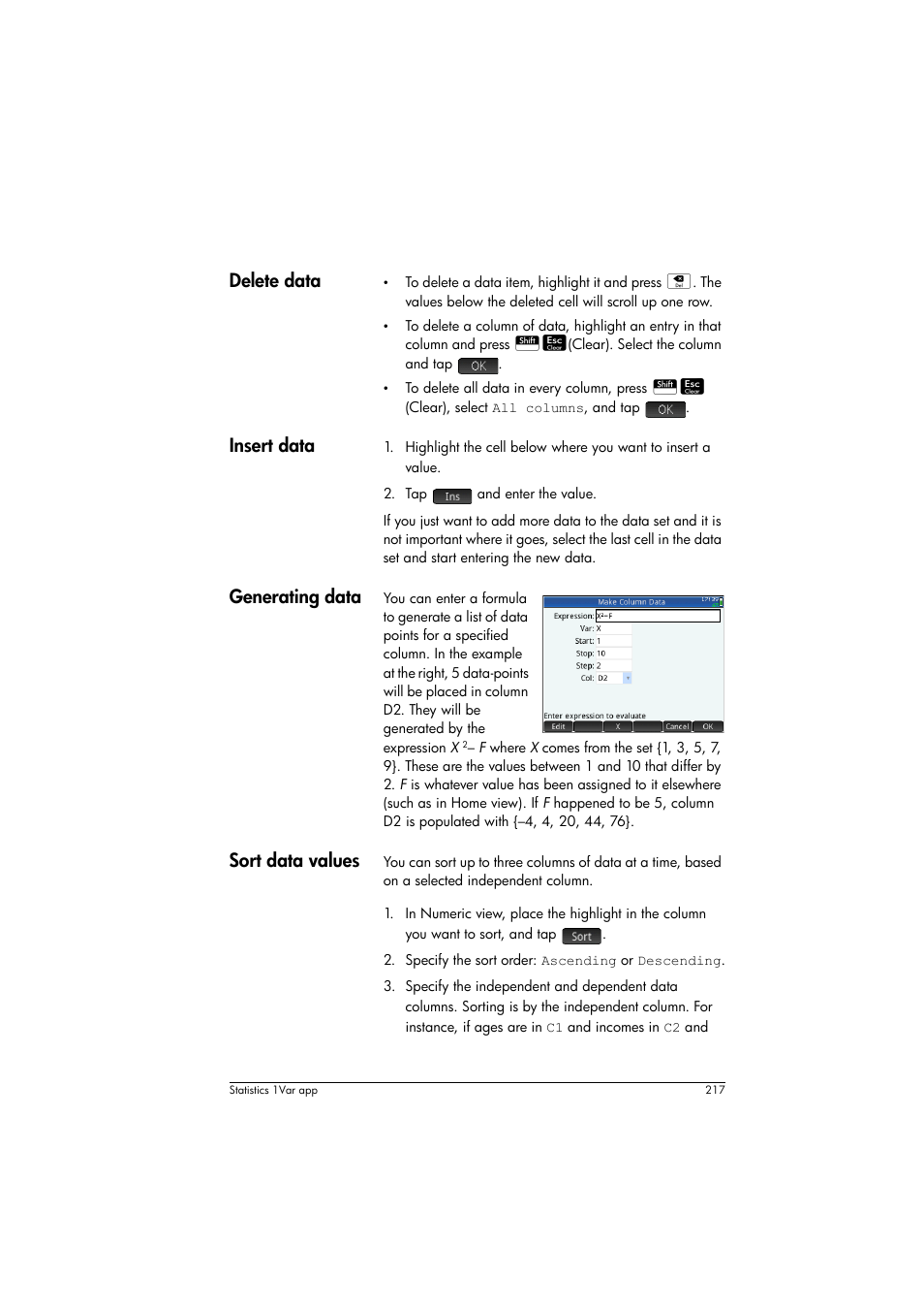E “sort data values” on, E “generating data” on, Delete data | Insert data, Generating data, Sort data values | HP Prime Graphing Calculator User Manual | Page 221 / 616
