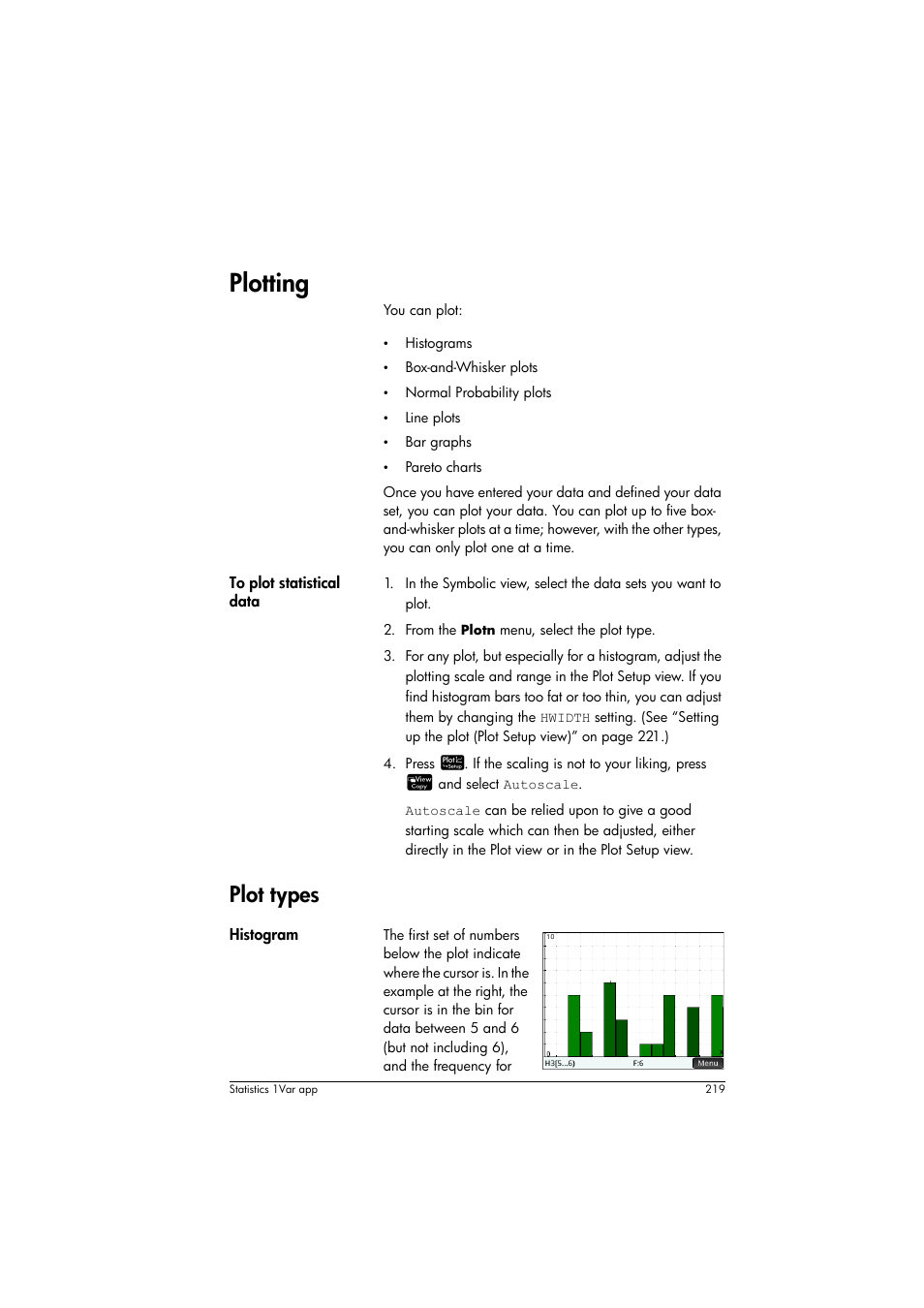 Plotting, Plot types | HP Prime Graphing Calculator User Manual | Page 223 / 616