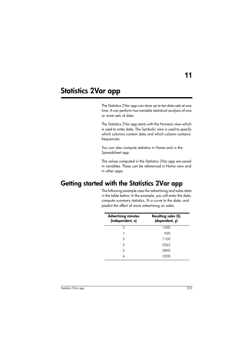 Statistics 2var app, Getting started with the statistics 2var app, 11 statistics 2var app | HP Prime Graphing Calculator User Manual | Page 227 / 616