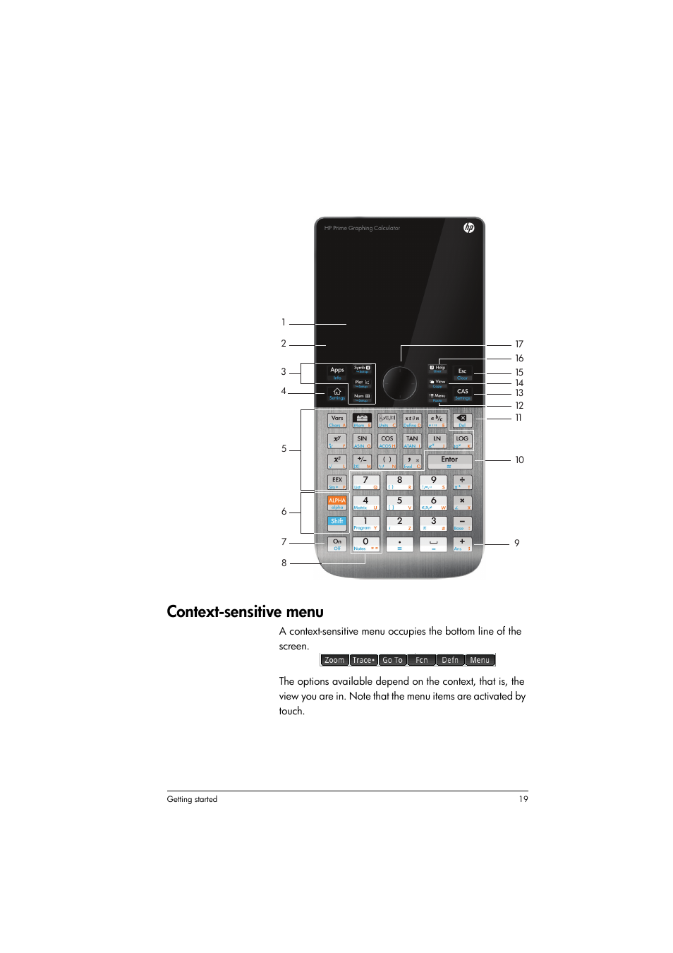 Context-sensitive menu | HP Prime Graphing Calculator User Manual | Page 23 / 616