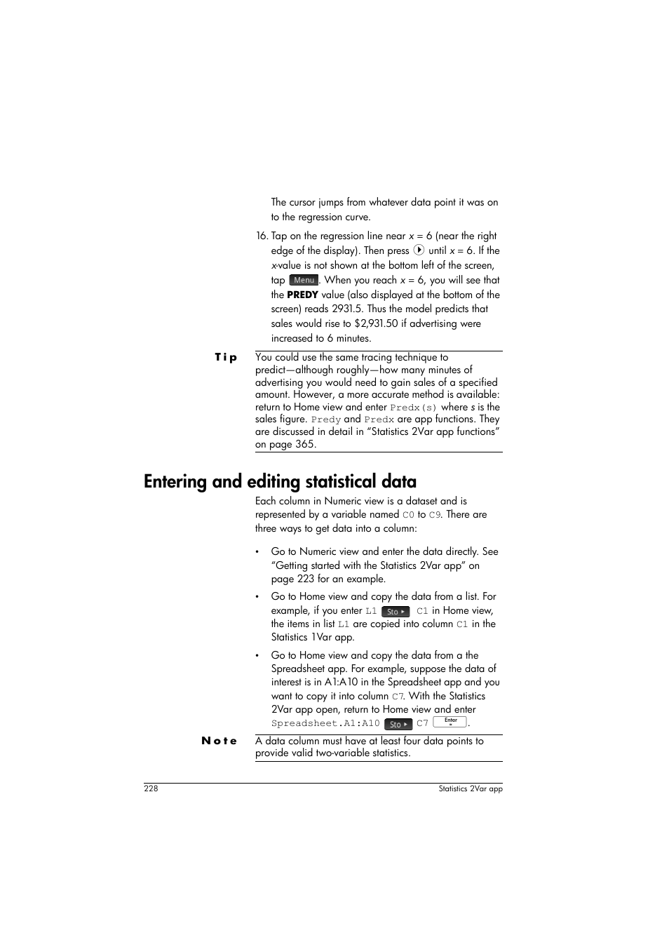 Entering and editing statistical data | HP Prime Graphing Calculator User Manual | Page 232 / 616