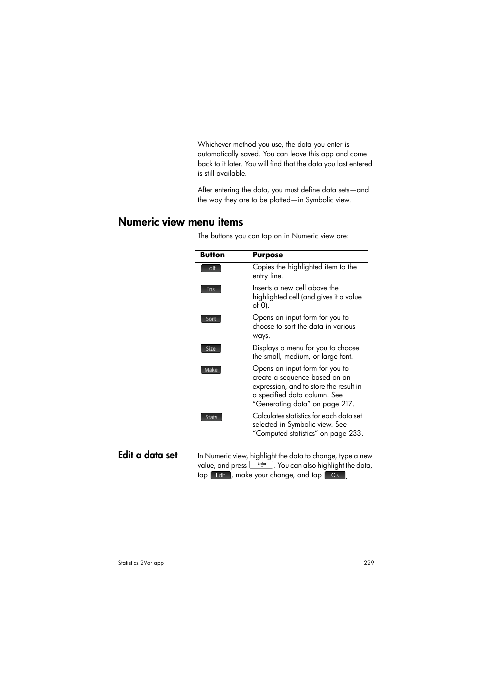 Numeric view menu items, Edit a data set | HP Prime Graphing Calculator User Manual | Page 233 / 616