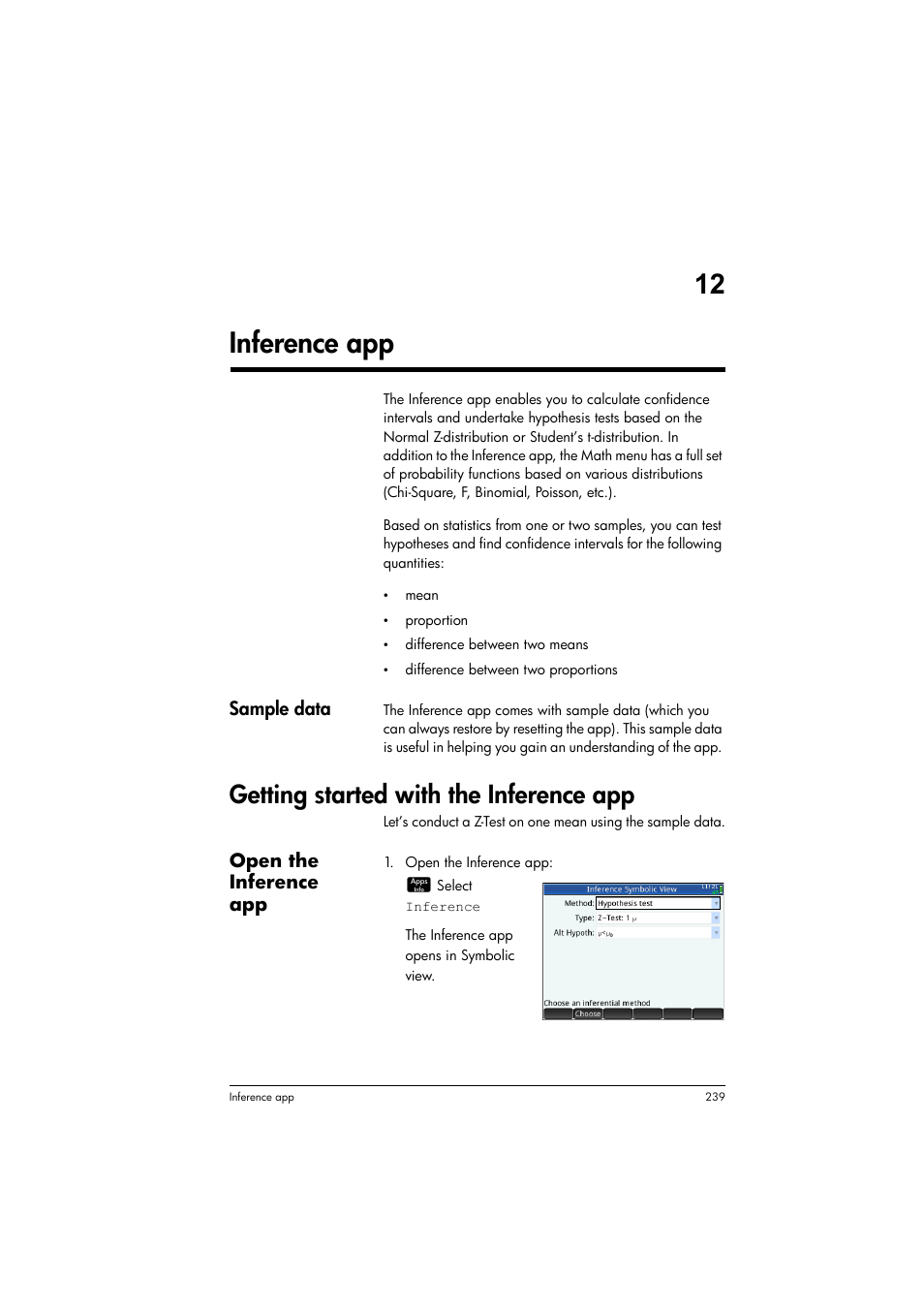 Inference app, Getting started with the inference app, 12 inference app | HP Prime Graphing Calculator User Manual | Page 243 / 616