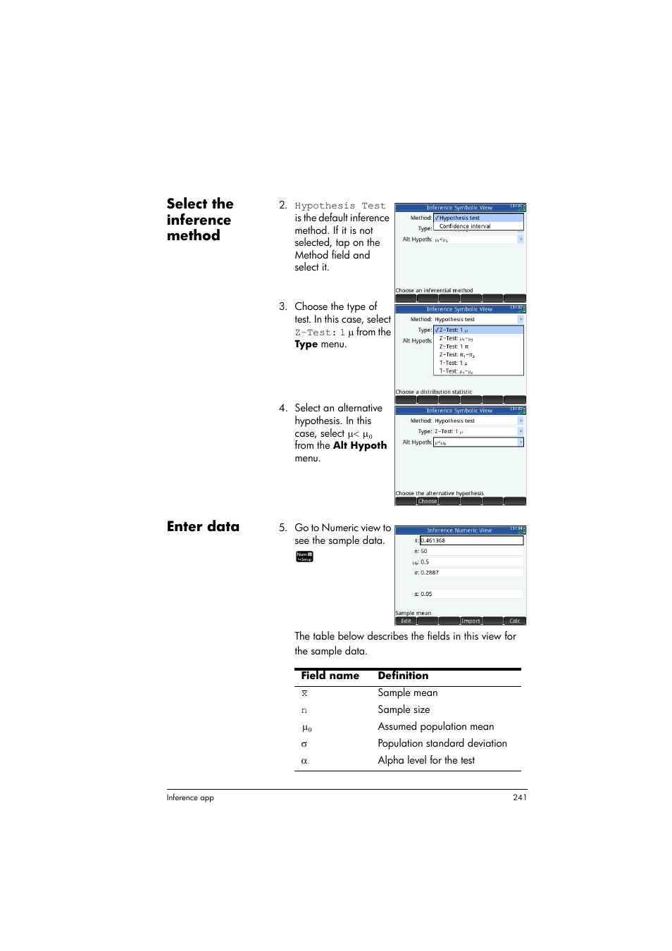 Select the inference method, Enter data | HP Prime Graphing Calculator User Manual | Page 245 / 616