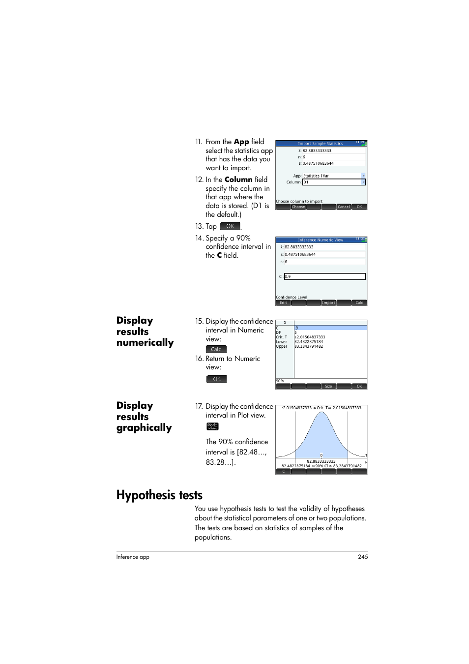 Hypothesis tests, Display results numerically, Display results graphically | HP Prime Graphing Calculator User Manual | Page 249 / 616