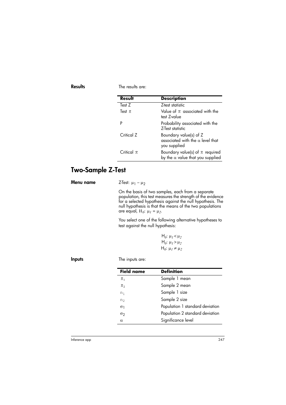Two-sample z-test | HP Prime Graphing Calculator User Manual | Page 251 / 616