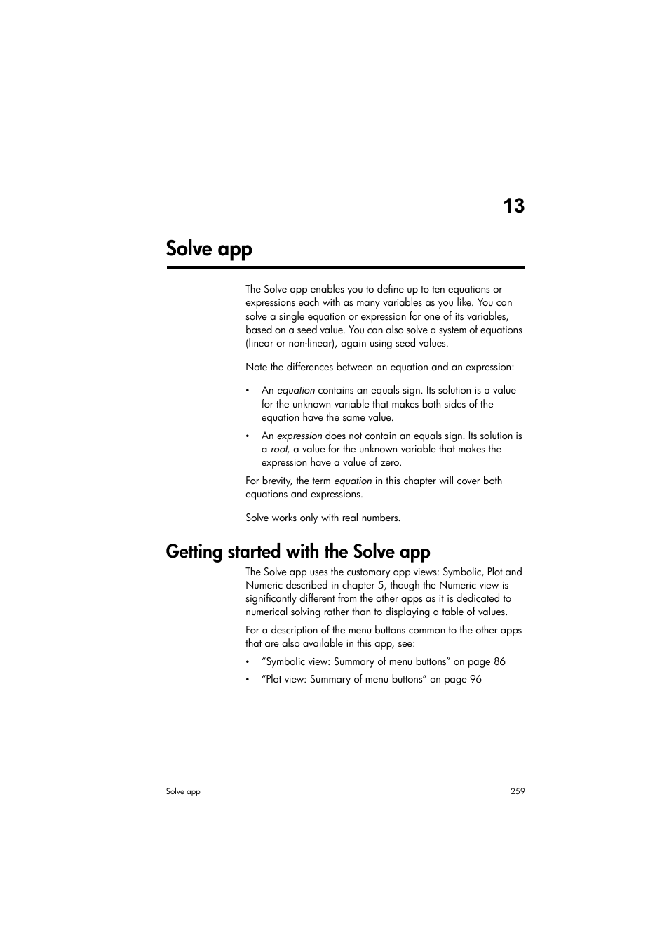 Solve app, Getting started with the solve app, 13 solve app | HP Prime Graphing Calculator User Manual | Page 263 / 616