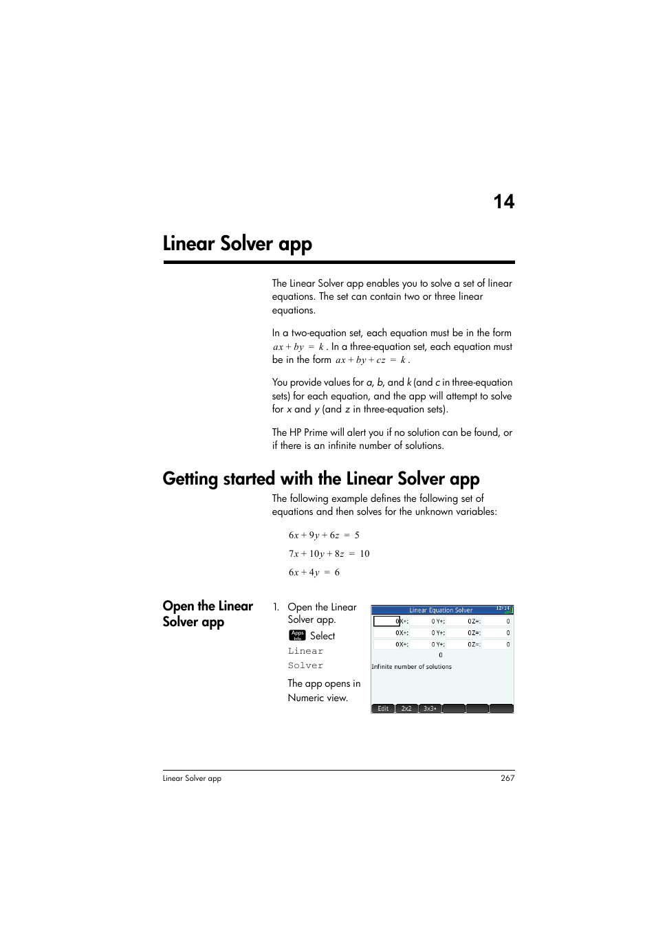 Linear solver app, Getting started with the linear solver app, 14 linear solver app | Open the linear solver app | HP Prime Graphing Calculator User Manual | Page 271 / 616