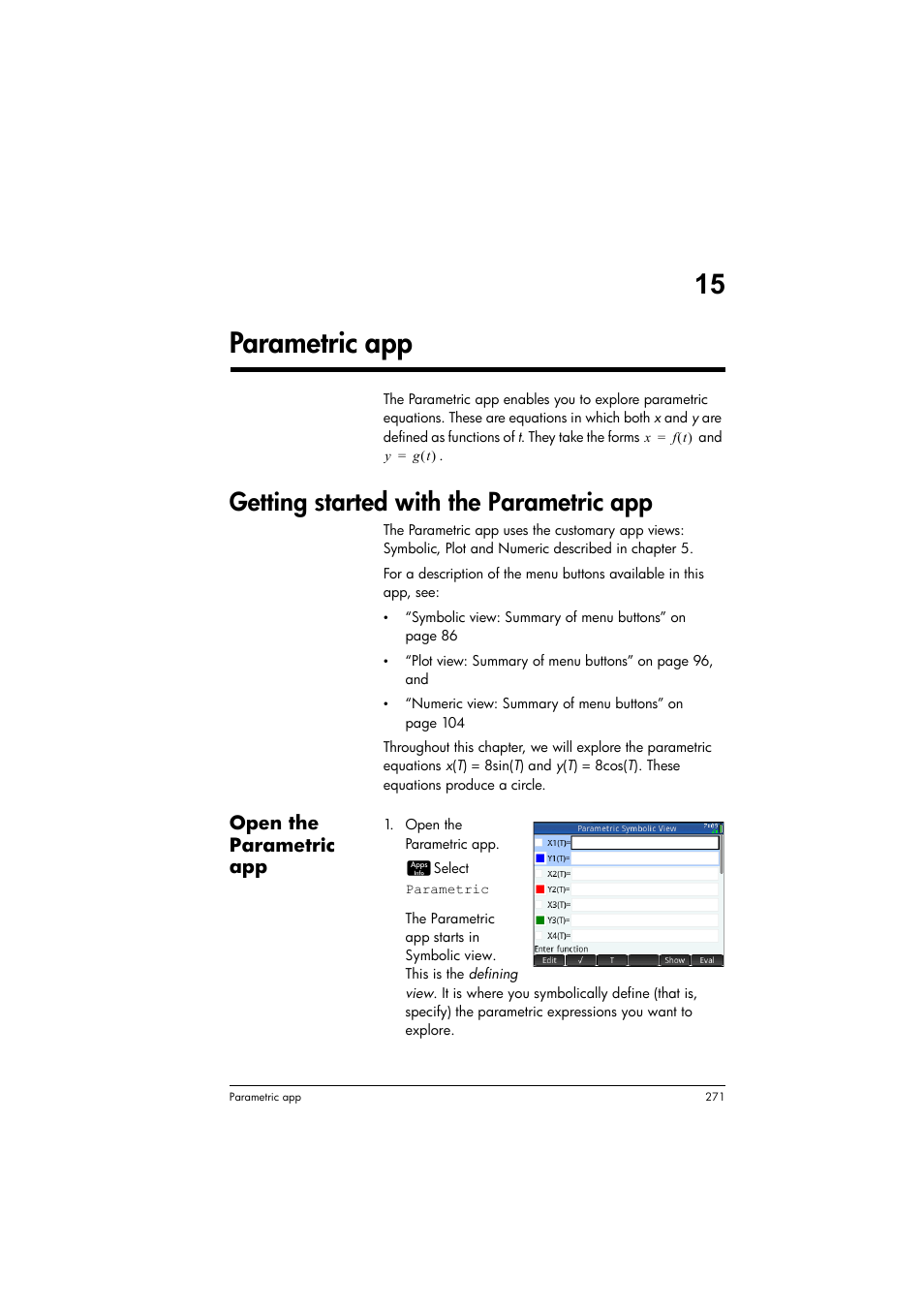 Parametric app, Getting started with the parametric app, 15 parametric app | Open the parametric app | HP Prime Graphing Calculator User Manual | Page 275 / 616