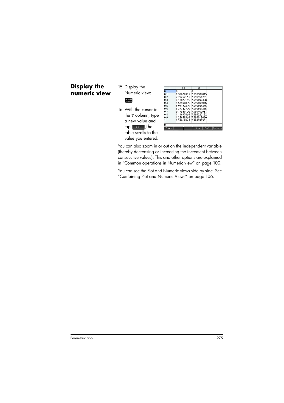 Display the numeric view | HP Prime Graphing Calculator User Manual | Page 279 / 616