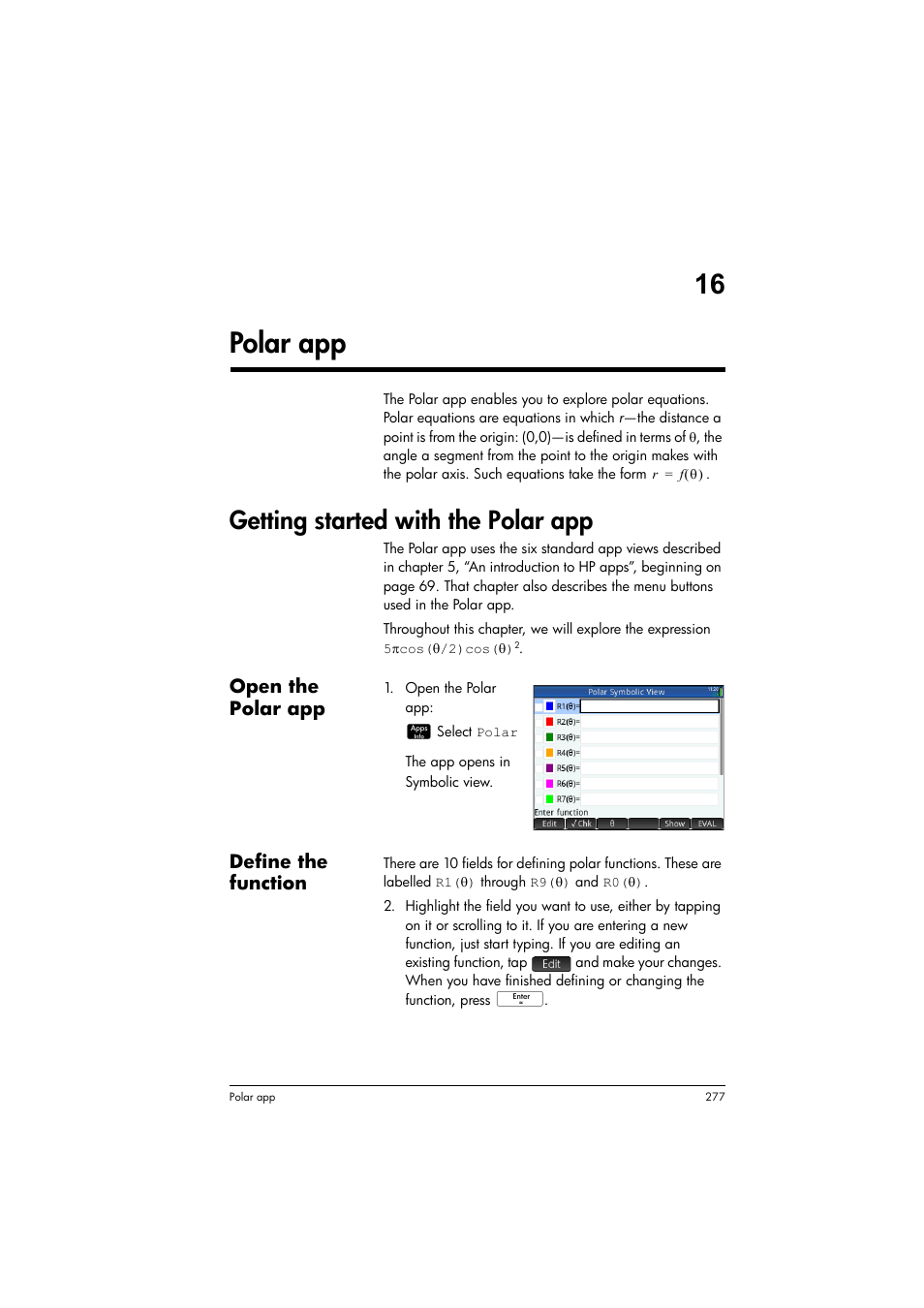 Polar app, Getting started with the polar app, 16 polar app | HP Prime Graphing Calculator User Manual | Page 281 / 616