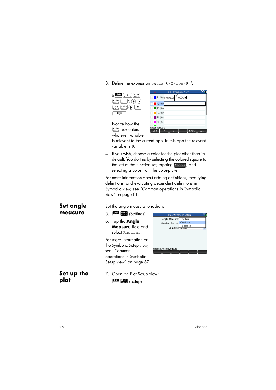 Set angle measure, Set up the plot | HP Prime Graphing Calculator User Manual | Page 282 / 616