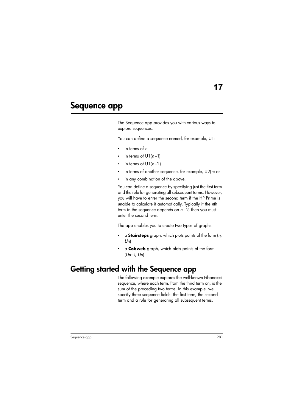 Sequence app, Getting started with the sequence app, R 17 | 17 sequence app | HP Prime Graphing Calculator User Manual | Page 285 / 616