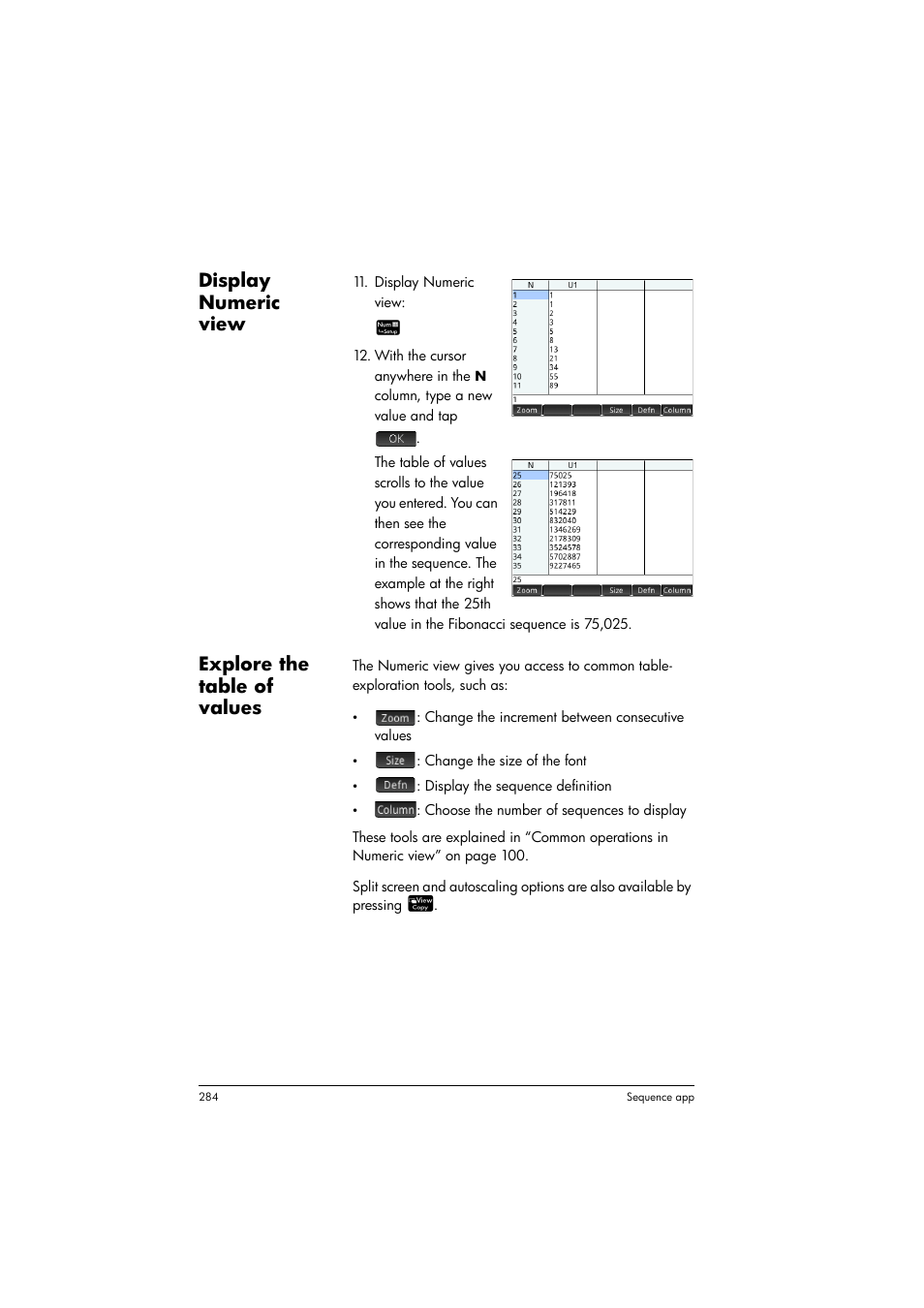 Display numeric view, Explore the table of values | HP Prime Graphing Calculator User Manual | Page 288 / 616