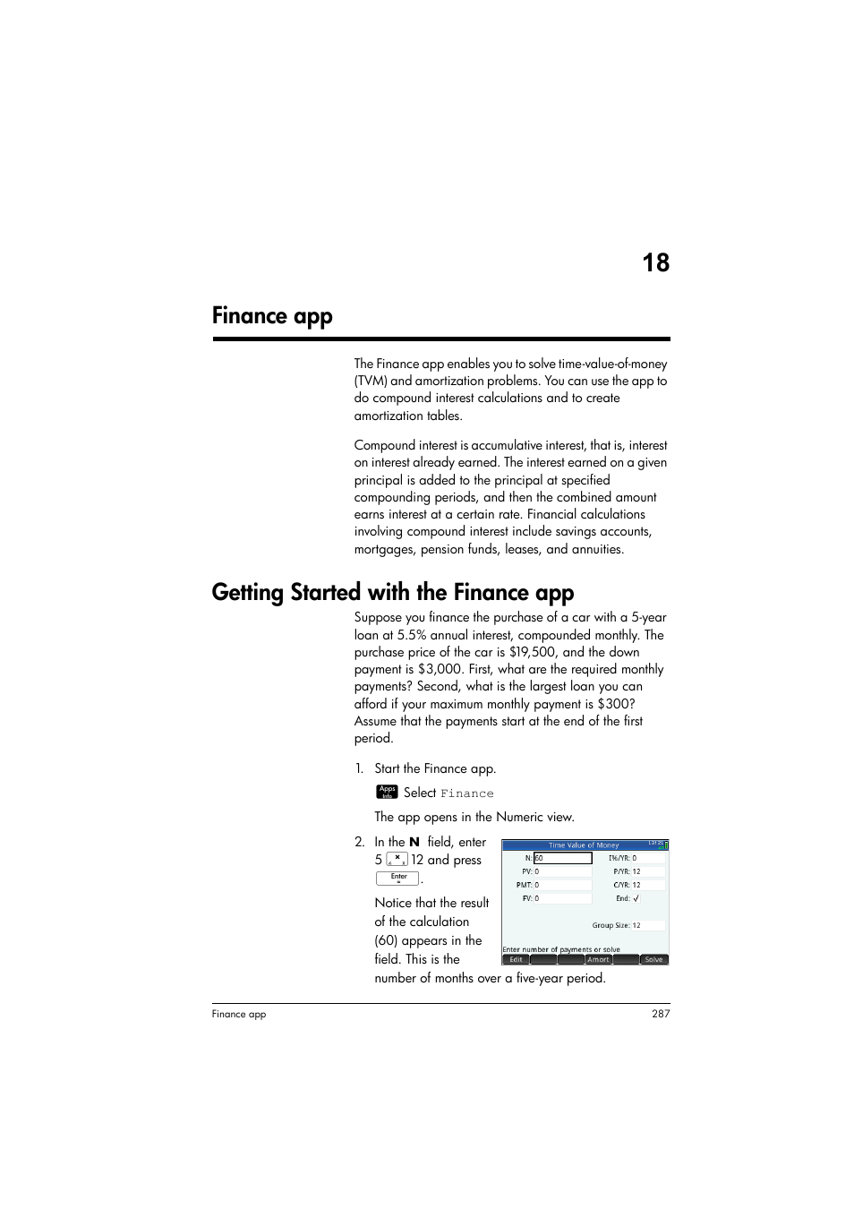 Finance app, Getting started with the finance app | HP Prime Graphing Calculator User Manual | Page 291 / 616