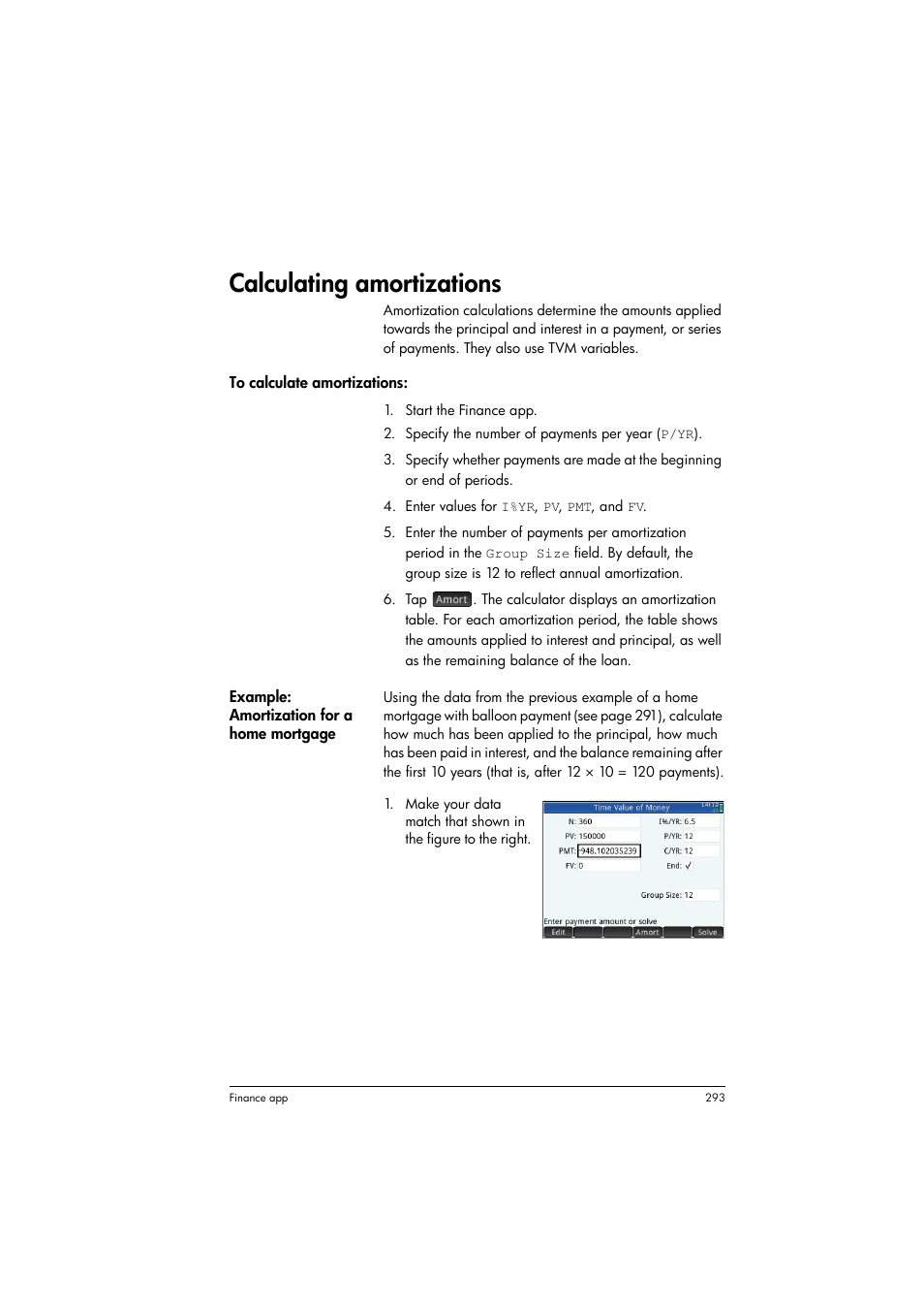 Calculating amortizations | HP Prime Graphing Calculator User Manual | Page 297 / 616