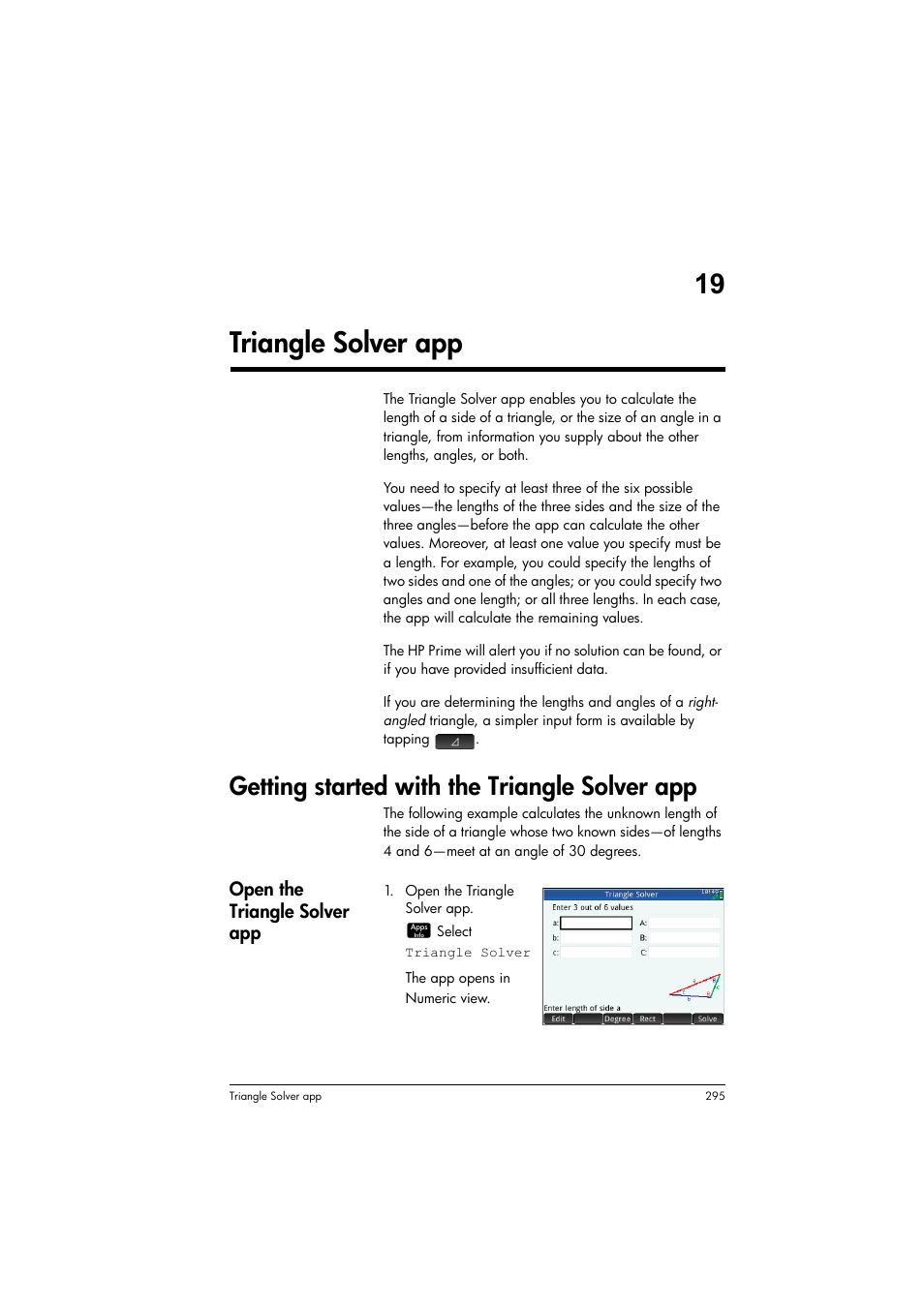 Triangle solver app, Getting started with the triangle solver app, 19 triangle solver app | HP Prime Graphing Calculator User Manual | Page 300 / 616