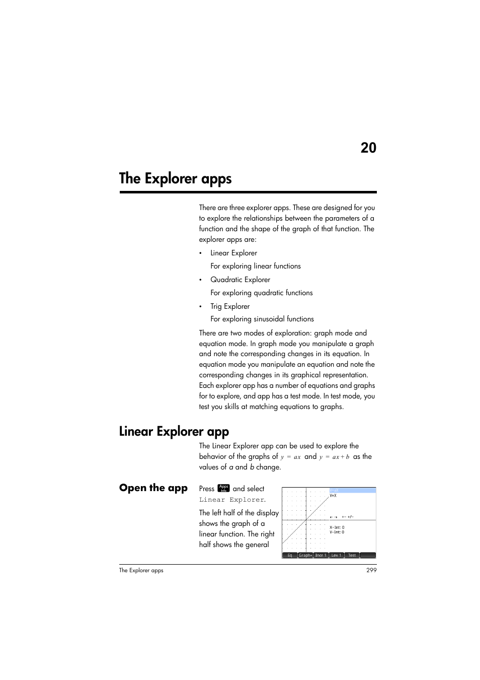 The explorer apps, Linear explorer app, 20 the explorer apps | Open the app | HP Prime Graphing Calculator User Manual | Page 305 / 616