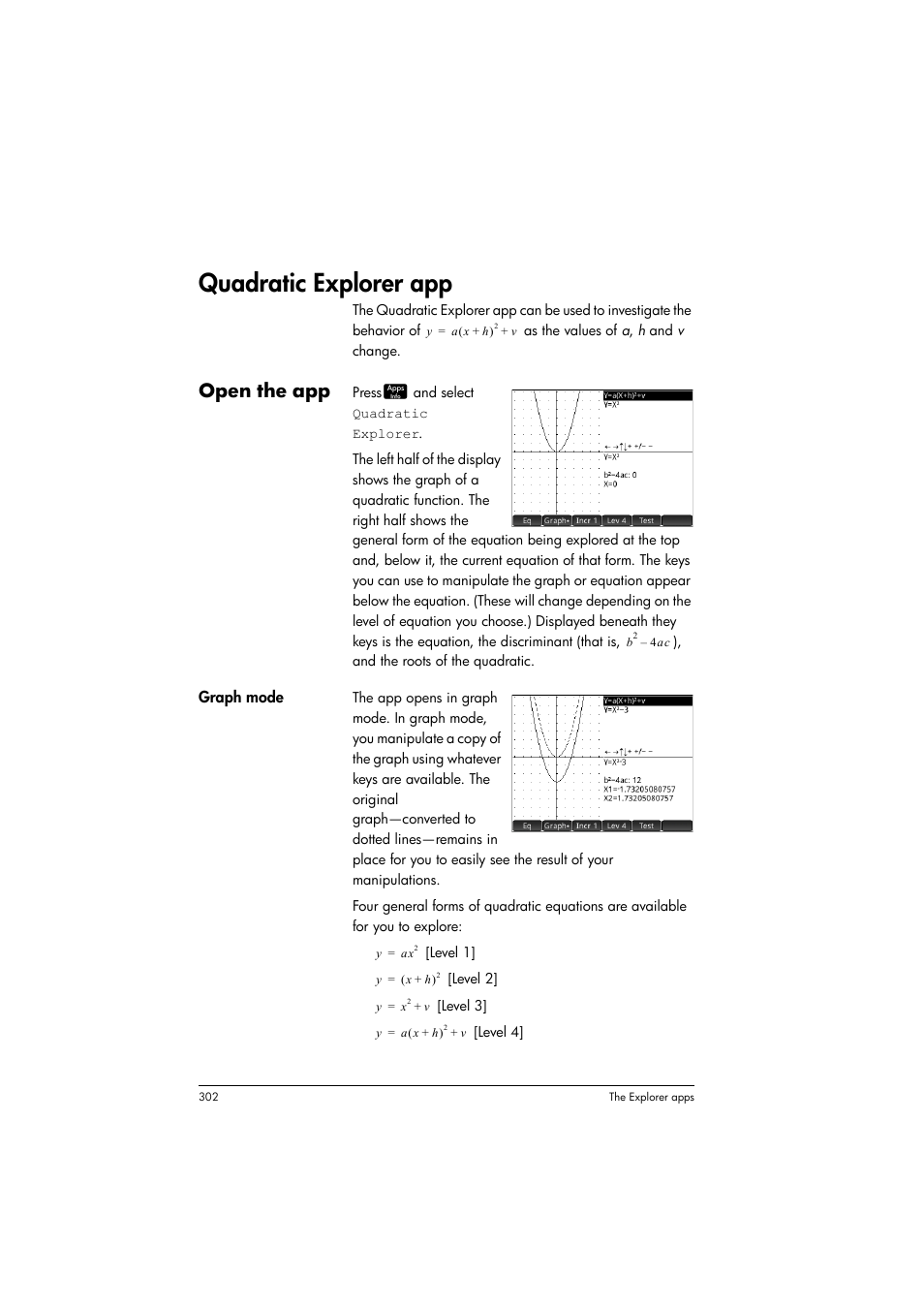 Quadratic explorer app, Open the app | HP Prime Graphing Calculator User Manual | Page 308 / 616