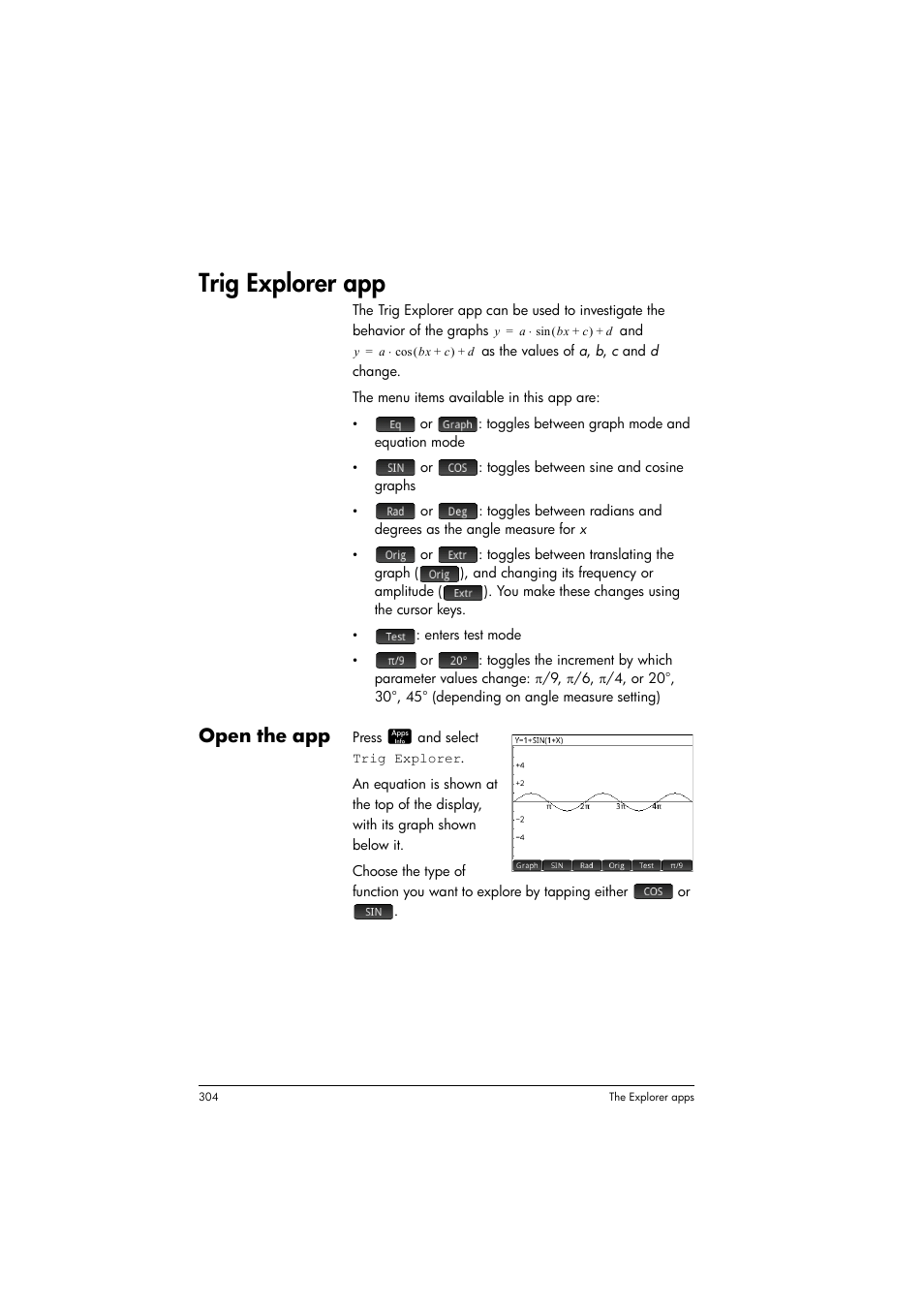 Trig explorer app, Open the app | HP Prime Graphing Calculator User Manual | Page 310 / 616