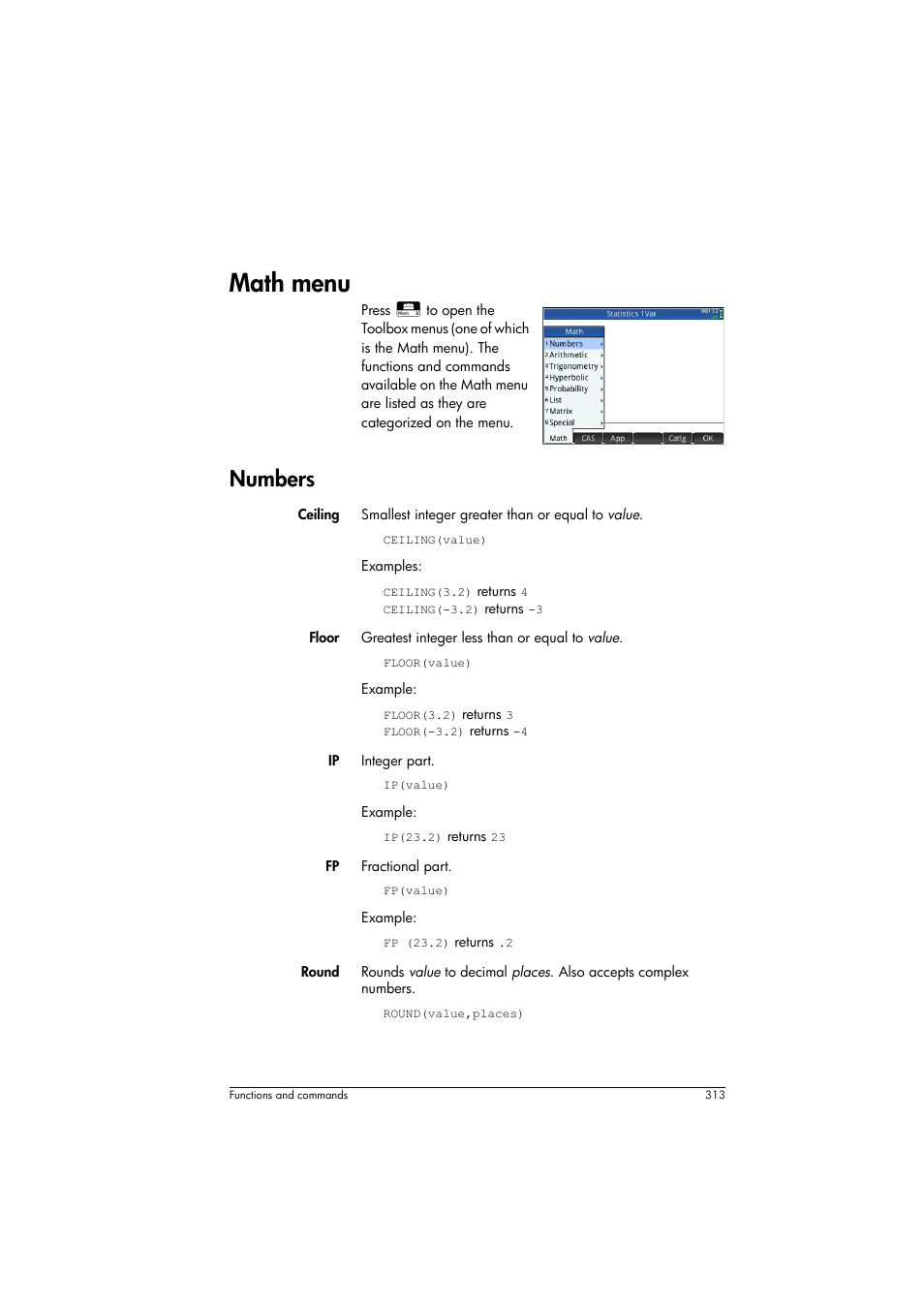 Math menu, Numbers | HP Prime Graphing Calculator User Manual | Page 319 / 616