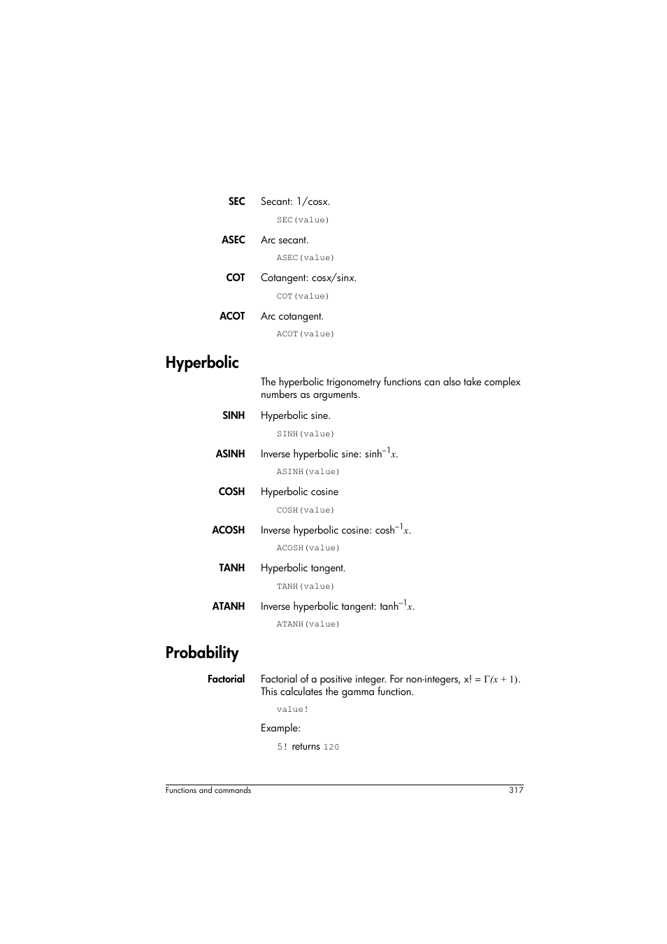Hyperbolic, Probability | HP Prime Graphing Calculator User Manual | Page 323 / 616