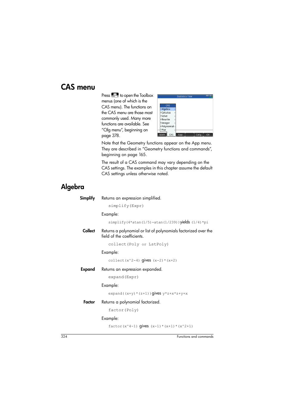Cas menu, Algebra | HP Prime Graphing Calculator User Manual | Page 330 / 616