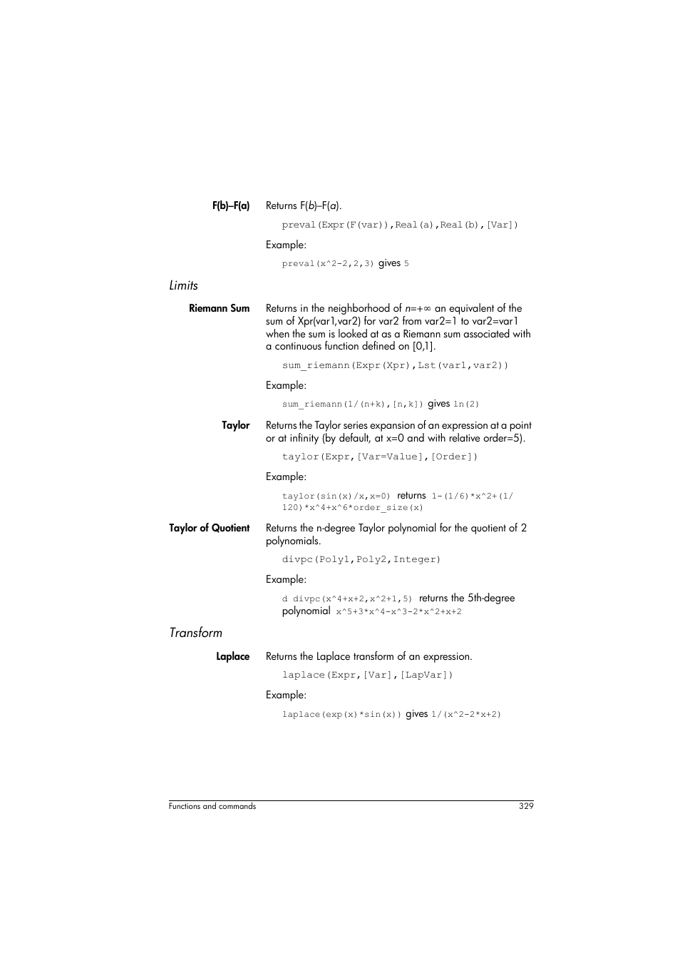 Limits, Transform | HP Prime Graphing Calculator User Manual | Page 335 / 616
