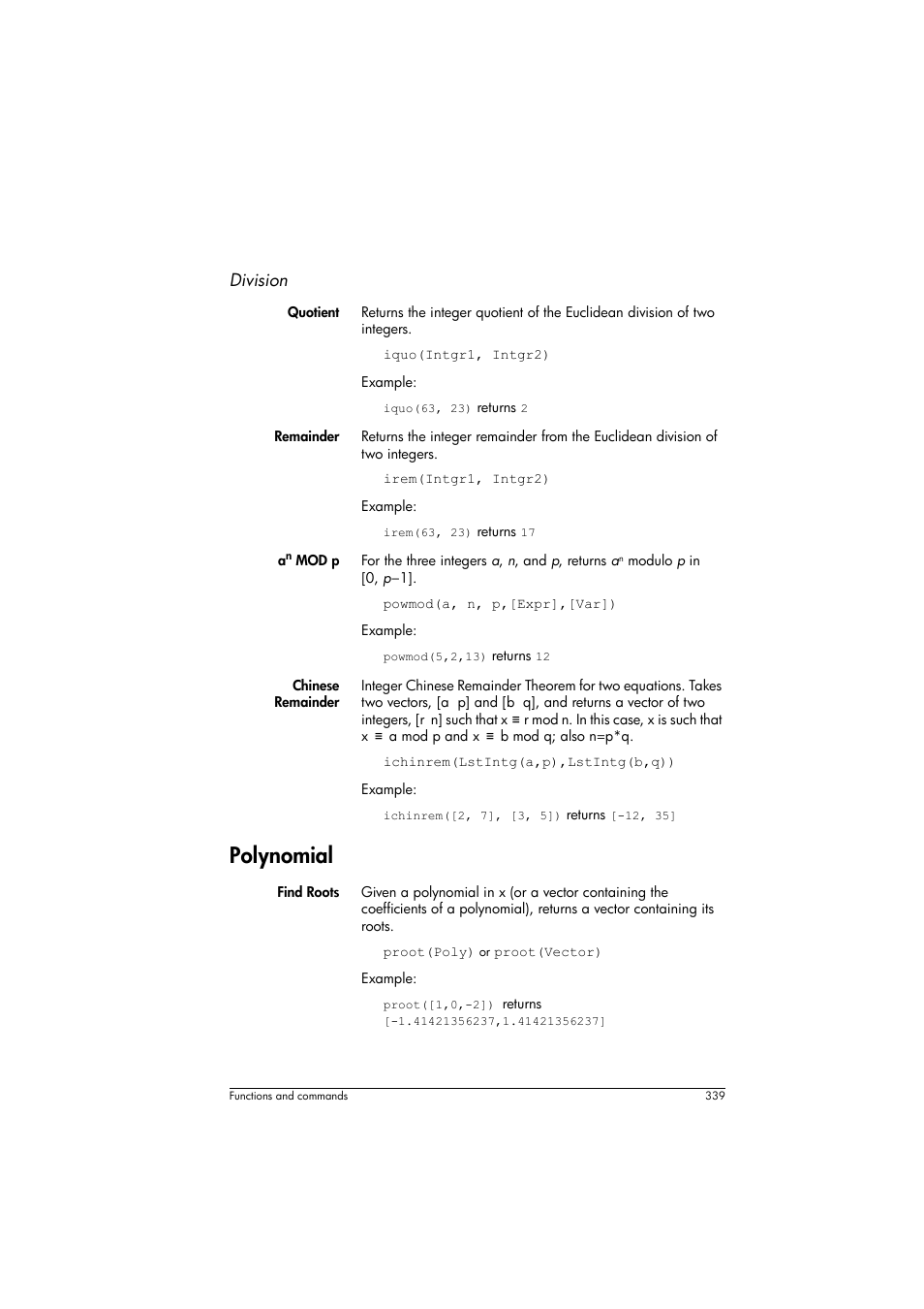 Polynomial, Division | HP Prime Graphing Calculator User Manual | Page 345 / 616