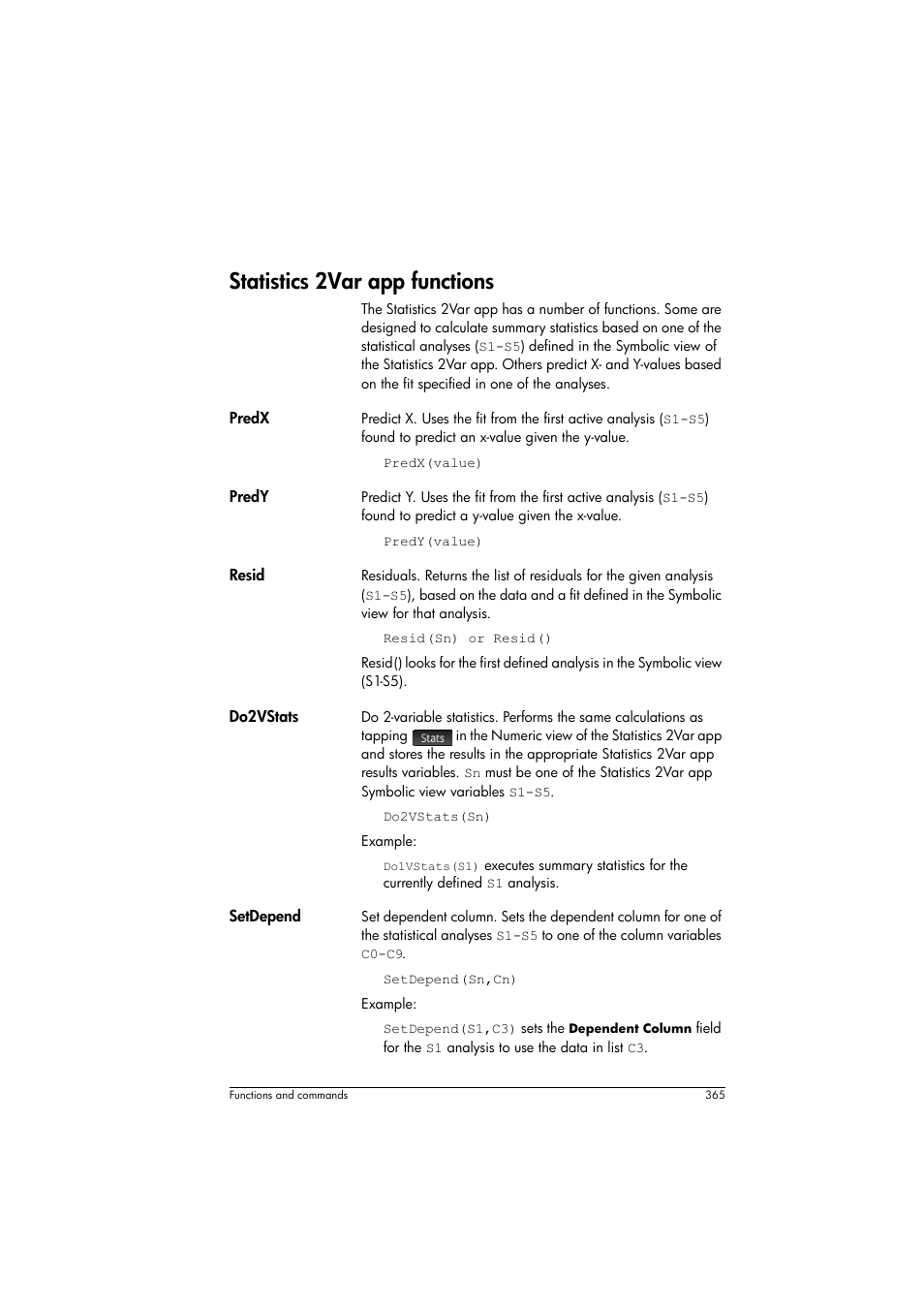 Statistics 2var app functions | HP Prime Graphing Calculator User Manual | Page 371 / 616