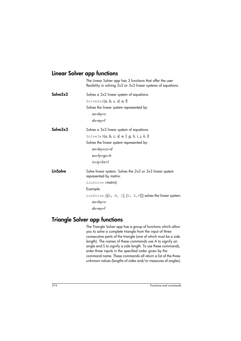 Linear solver app functions, Triangle solver app functions | HP Prime Graphing Calculator User Manual | Page 380 / 616