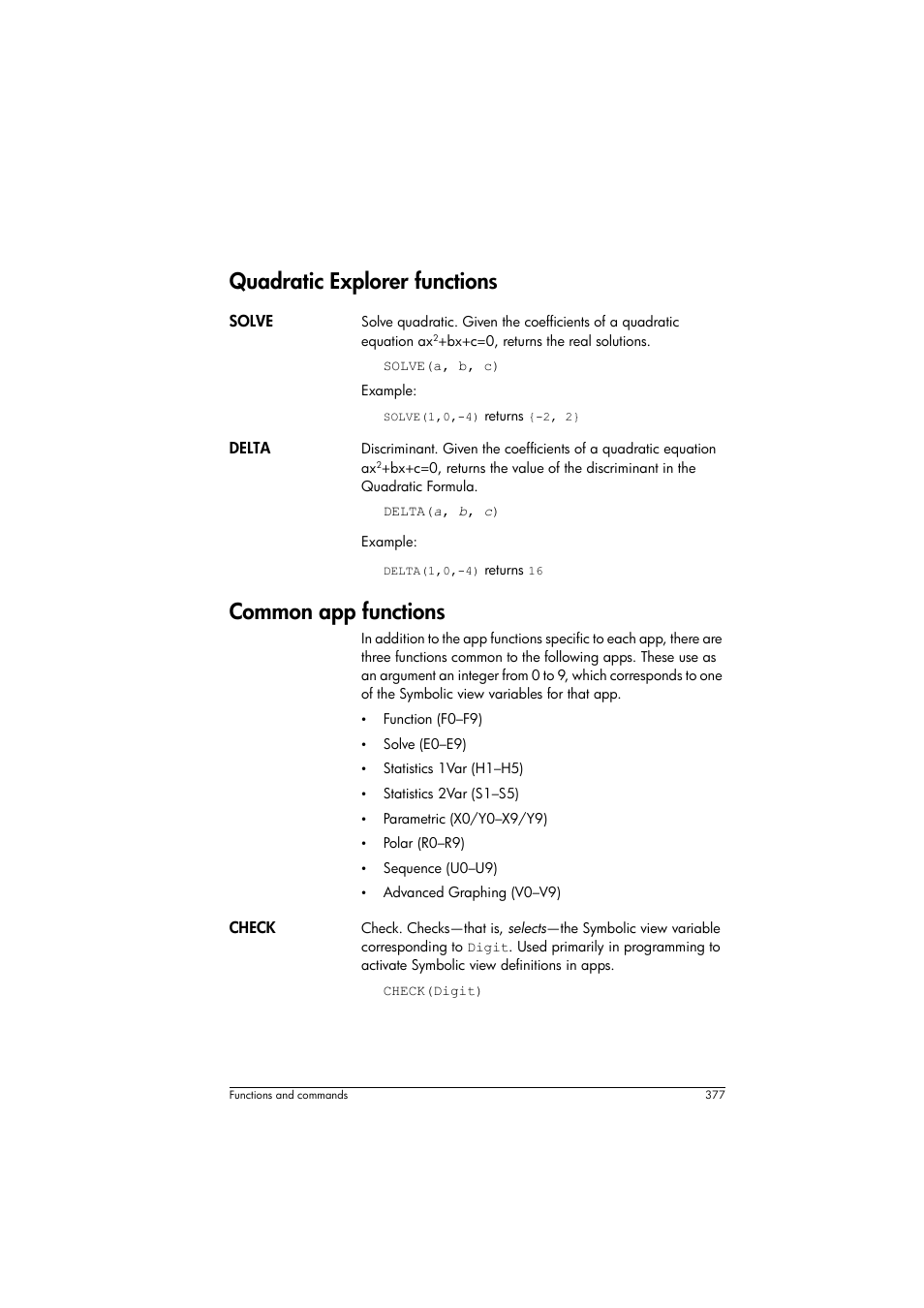 Quadratic explorer functions, Common app functions | HP Prime Graphing Calculator User Manual | Page 383 / 616