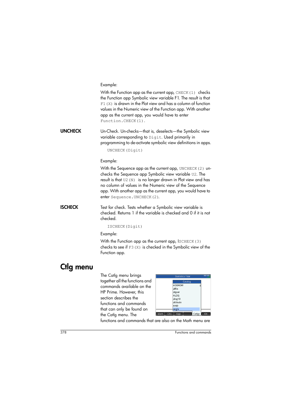 Ctlg menu | HP Prime Graphing Calculator User Manual | Page 384 / 616