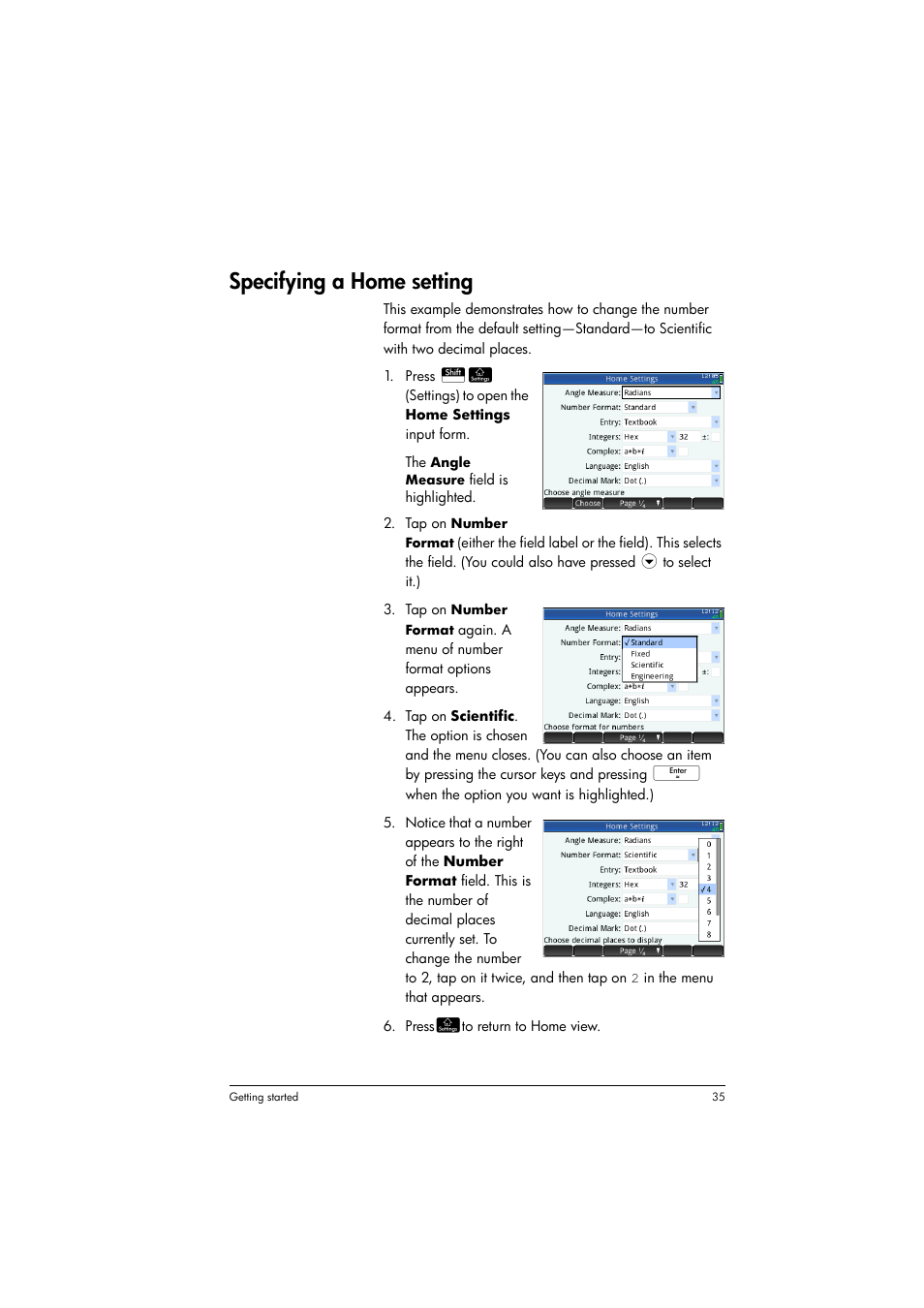 Specifying a home setting | HP Prime Graphing Calculator User Manual | Page 39 / 616