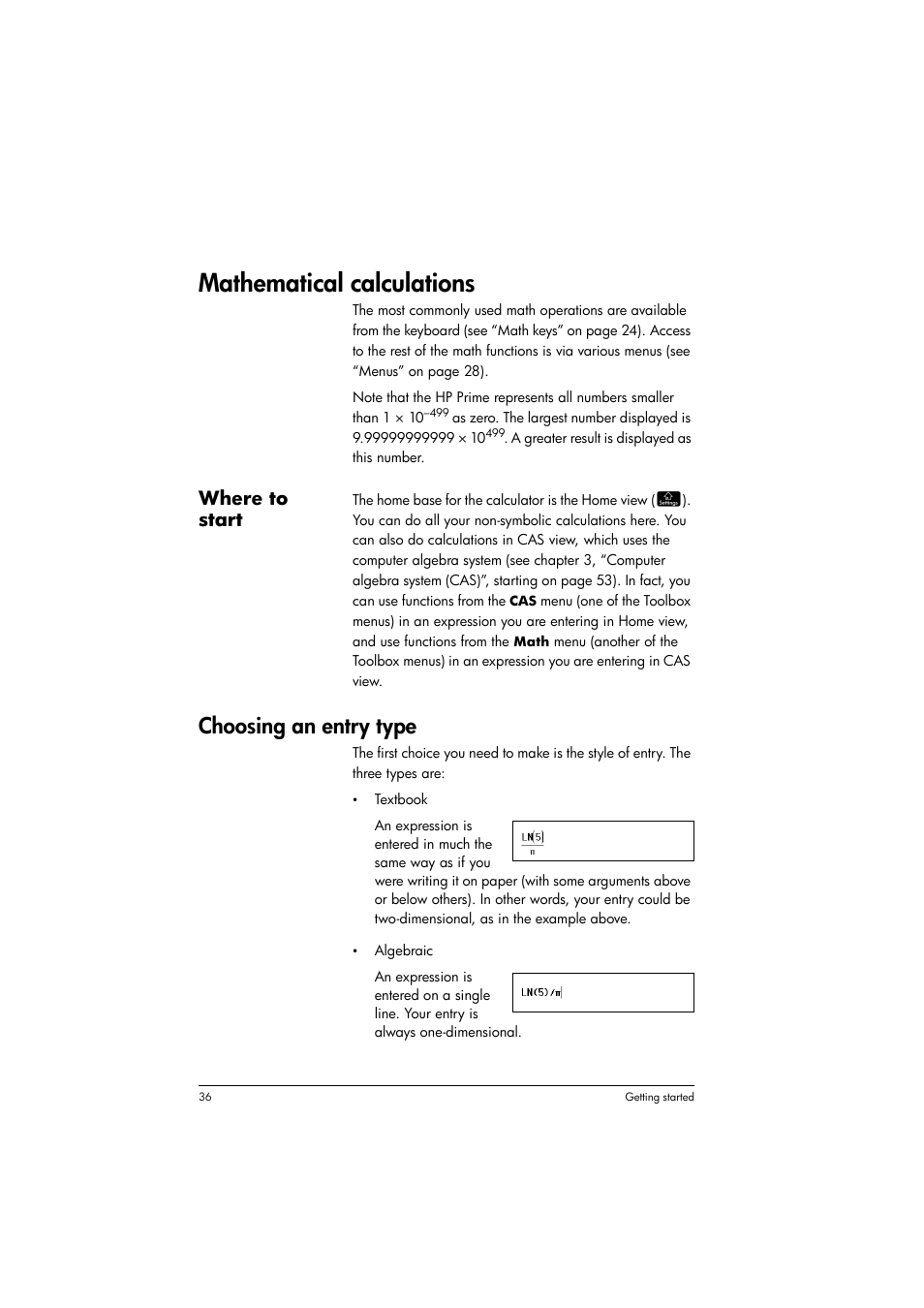 Mathematical calculations, Choosing an entry type, Where to start | HP Prime Graphing Calculator User Manual | Page 40 / 616